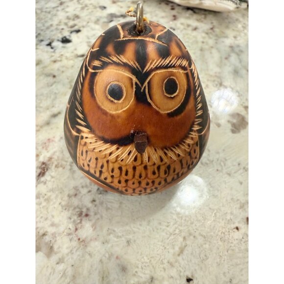 Artisan Handpainted lucuma Gourd Owl Folk Art Ornament Christmas Tree Decor - Picture 2 of 9